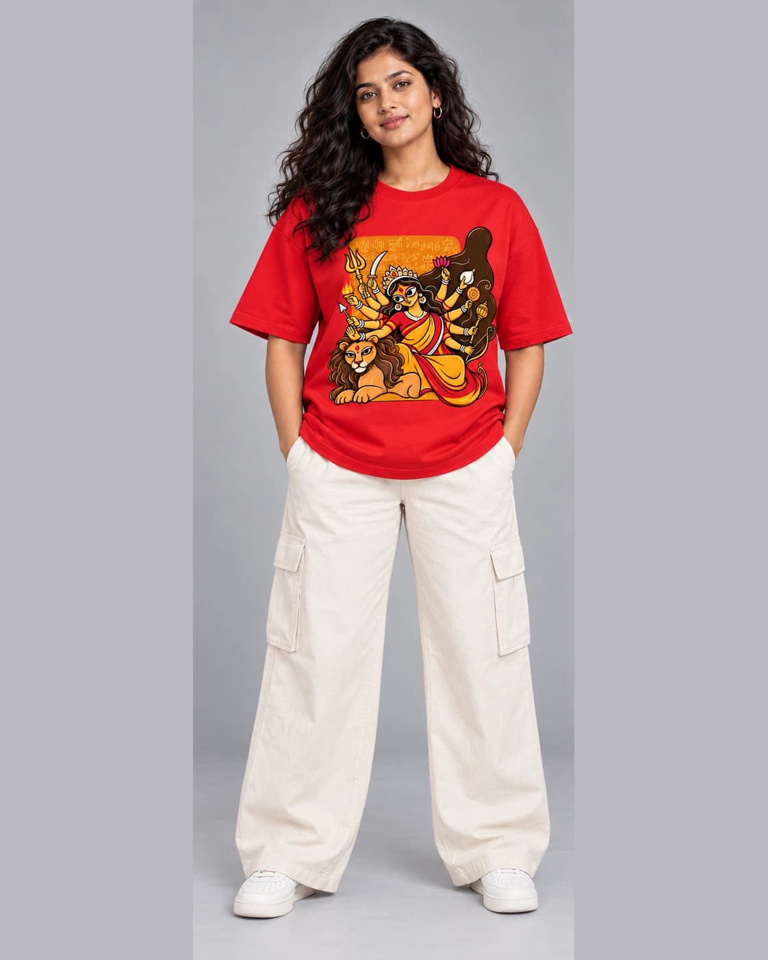 Female model wearing Durga · Red